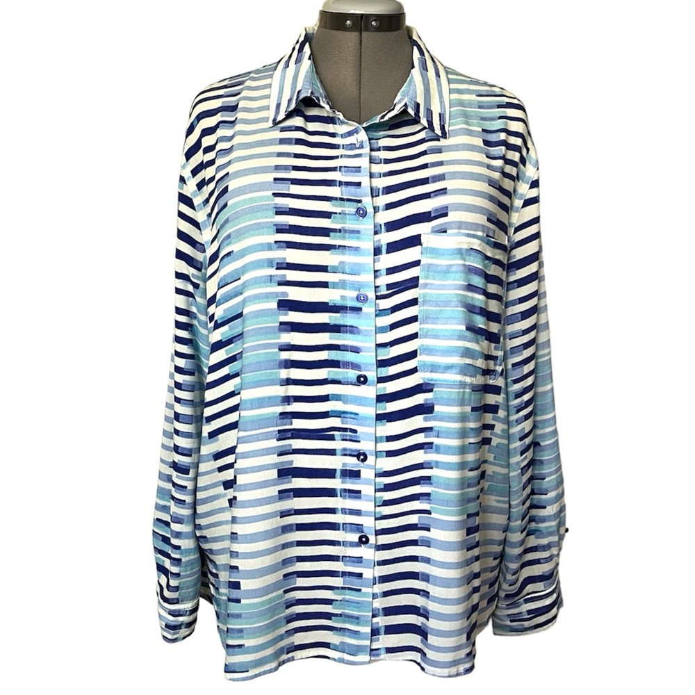 Frilli Exchange Blue rayon printed button front shirt blouse XL